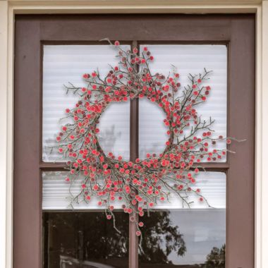 Floral Home Large Red Berry Wreath; 22" Holiday Decorative Valentines Day Wreath for Front Door, Fireplace, Mantel, Xmas Décor, Front Door Decor. View a larger version of this product image.