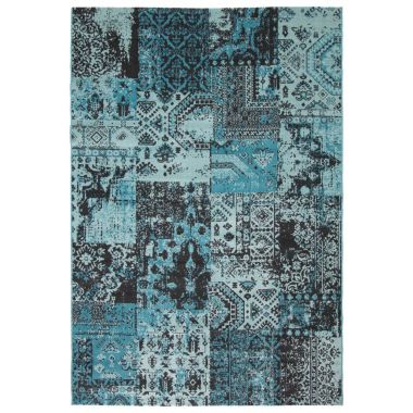 Chaudhary Living 5.25' x 7.5' Blue and Black Distressed Patchwork Rectangular Area Throw Rug. View a larger version of this product image.