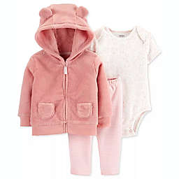 Carter's Baby Girls 3-Pc. Faux-Fur Hoodie Animals-Print Bodysuit & Striped Pants Set Pink Size 6M