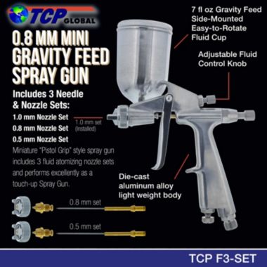TCP Global .8mm Miniature "Pistol Grip" Gravity Feed Spray Gun with .5mm & 1.0mm tips & Side Mounted Cup. View a larger version of this product image.