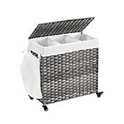 SONGMICS Laundry Hamper, Handwoven Laundry Basket, 140L Rattan Style with 3 Compartments, Removable Liner, Handles, Lid, for Living Room, Bathroom, 26 x 13 x 23.6 Inches, Gray