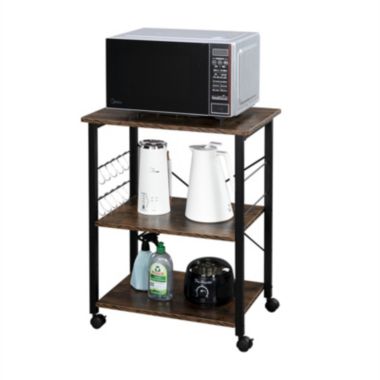 Inq Boutique Baker's Rack 3-Tier Kitchen Utility Microwave Oven Stand Storage Cart Workstation Shelf(Vintage Board Top Black Metal Frame) RT. View a larger version of this product image.