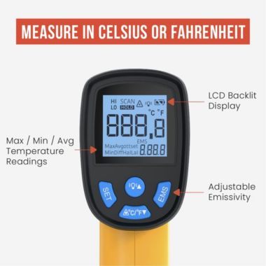 Chef Pomodoro Infrared Thermometer, Backlit LCD Display, -58℉～1022℉ (-50℃～550℃) Temperature Gun, (Not for Human-Use), Red Laser, Adjustable Emissivity, No Touch, Pizza Stone Oven BBQ Fridge. View a larger version of this product image.