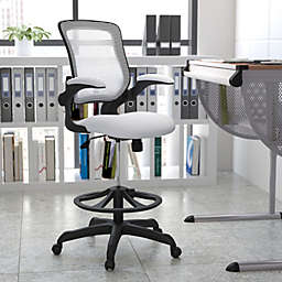 Emma + Oliver Mid-Back White Mesh Ergonomic Drafting Chair with Foot Ring and Flip-Up Arms