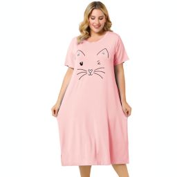 Agnes Orinda Women's Plus Size Nightgown Pajamas Pockets Soft Comfy Cute Cat Sleepwear Nightgowns, Leisure Rayon Sleep Dress Round Neck Slit Pocket Midi Nightdress with Cat Print, 3X Pink
