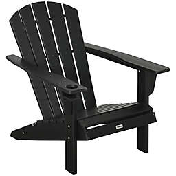 Outsunny Outdoor HDPE Adirondack Deck Chair, Plastic Lounger with Cup Holder, High Back and Wide Seat, Black