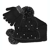 Fab Big Girl&#39;s 3 Pc Sparkly Knit Hat Scarf & Gloves Set Black One Size