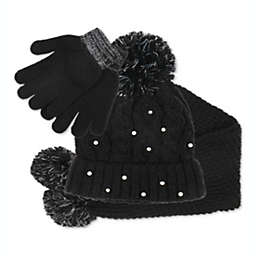 Fab Big Girl's 3 Pc Sparkly Knit Hat Scarf & Gloves Set Black One Size