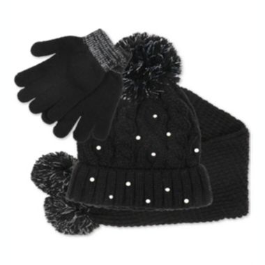Fab Big Girl's 3 Pc Sparkly Knit Hat Scarf & Gloves Set Black One Size. View a larger version of this product image.