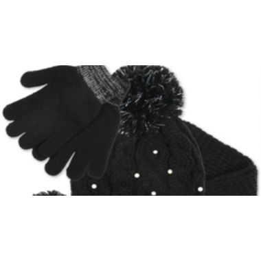 Fab Big Girl's 3 Pc Sparkly Knit Hat Scarf & Gloves Set Black One Size. View a larger version of this product image.