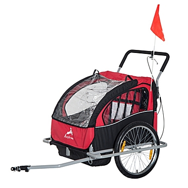 Aosom Elite 2-In-1 Three-Wheel Bicycle Cargo Trailer & Jogger for Two Children with 2 Safety Harnesses & Storage, Red. View a larger version of this product image.