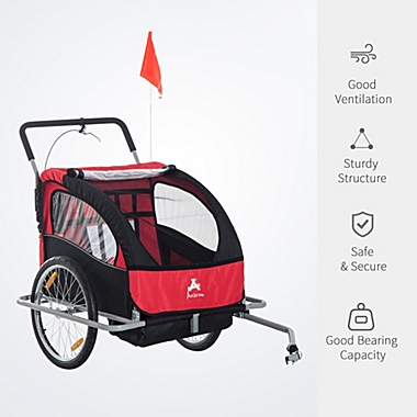 Aosom Elite 2-In-1 Three-Wheel Bicycle Cargo Trailer & Jogger for Two Children with 2 Safety Harnesses & Storage, Red. View a larger version of this product image.