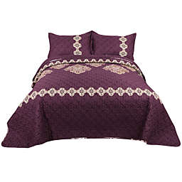 PiccoCasa Luxury Floral Polyester Bedspread Set, Twin, Burgundy, 3-Piece