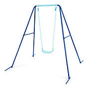 Slickblue Outdoor Kids Swing Set with Heavy Duty Metal A-Frame and Ground Stakes-Blue