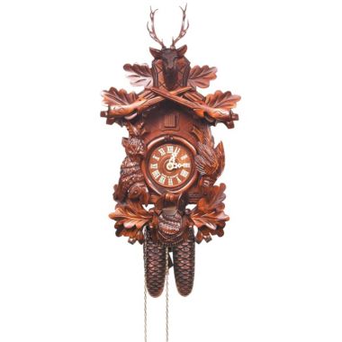 Alexander Taron 18.5" Brown, Gold, and Red Contemporary Full Size Carved Cuckoo Clock with 8-Day Weight Driven Movement. View a larger version of this product image.