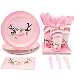 Blue Panda Oh Deer Party Supplies for Girl Baby Shower, Floral Plates, Napkins, Cups, Cutlery (24 Guests, 144 Pieces)