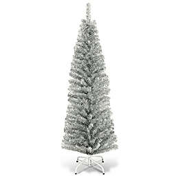Costway 6FT Silver Tinsel Tree Unlit Slim Pencil Christmas Tree