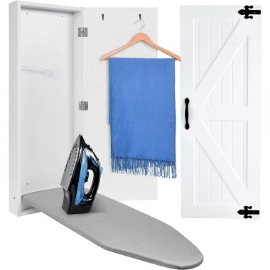 Ivation Wall-Mounted Ironing Board Cabinet with Farmhouse Door, Foldable Ironing Storage Station, Easy-Release Lever, with Mirror Door, White. View a larger version of this product image.