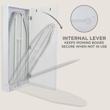 Ivation Wall-Mounted Ironing Board Cabinet with Farmhouse Door, Foldable Ironing Storage Station, Easy-Release Lever, with Mirror Door, White. View a larger version of this product image.