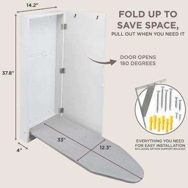Ivation Wall-Mounted Ironing Board Cabinet with Farmhouse Door, Foldable Ironing Storage Station, Easy-Release Lever, with Mirror Door, White. View a larger version of this product image.