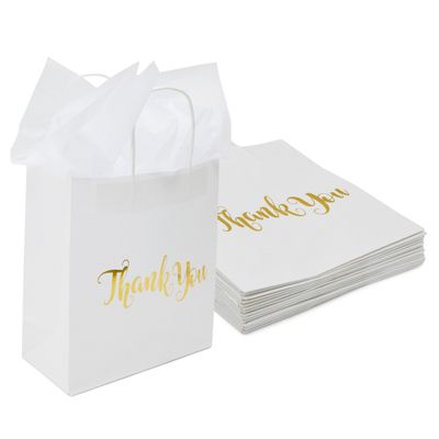 Blue Panda 15 Pack White Thank You Paper Bags with Handles and Tissue Paper for Wedding, Baby Shower