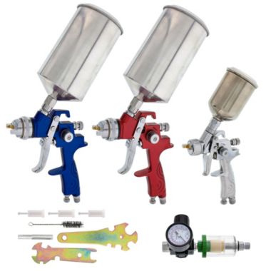 TCP Global Brand Complete Professional 9 Piece HVLP Spray Gun Set with 2 Full Size Spray Guns, 1 Detail Spray Gun, Inline Filter & Air Regulator. View a larger version of this product image.
