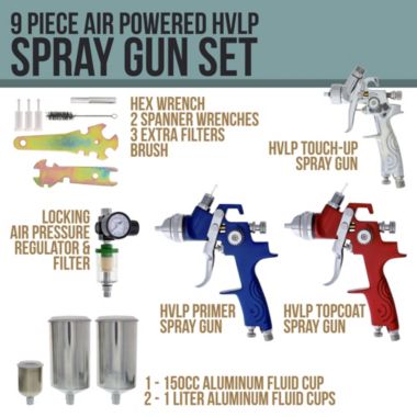 TCP Global Brand Complete Professional 9 Piece HVLP Spray Gun Set with 2 Full Size Spray Guns, 1 Detail Spray Gun, Inline Filter & Air Regulator. View a larger version of this product image.