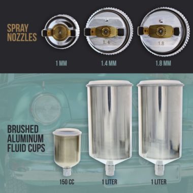 TCP Global Brand Complete Professional 9 Piece HVLP Spray Gun Set with 2 Full Size Spray Guns, 1 Detail Spray Gun, Inline Filter & Air Regulator. View a larger version of this product image.