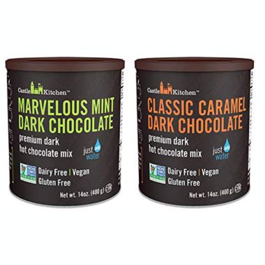 Bentology Castle Kitchen Natural Hot Chocolate Mix Variety Pack - Dairy-Free, Vegan Complete Mixes - Just Add Water - Pack of 2 (Classic Caramel Dark Chocolate & Marvelous Mint Dark Chocolate) 14 oz Each. View a larger version of this product image.