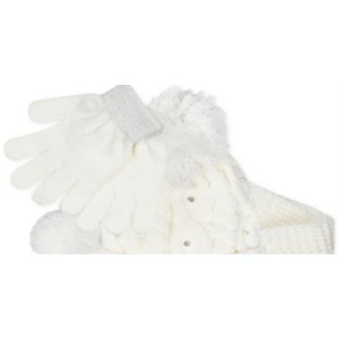 Fab Big Girl's 3 Pc Sparkly Knit Hat Scarf & Gloves Set White Size Regular. View a larger version of this product image.