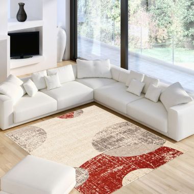 Chaudhary Living 6.5' x 9.5' Off White and Red Geometric Rectangular Area Throw Rug. View a larger version of this product image.