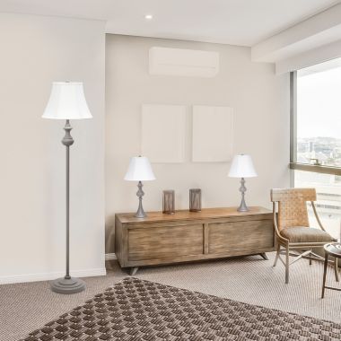 Elegant Designs Traditionally Crafted 3 Pack Lamp Set (2 Table Lamps, 1 Floor Lamp) with White Shades, Gray. View a larger version of this product image.