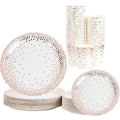 Blue Panda Disposable Dinnerware Set - Serves 50 - Party Supplies, Rose Gold Foil Polka Dot Design, Includes Dinner and Appetizer Paper Plates, Cups