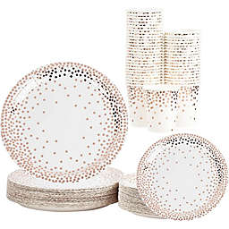 Blue Panda Disposable Dinnerware Set - Serves 50 - Party Supplies, Rose Gold Foil Polka Dot Design, Includes Dinner and Appetizer Paper Plates, Cups