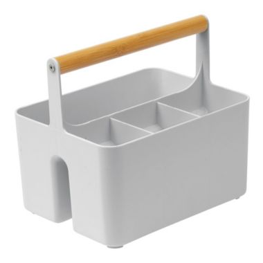mDesign Plastic Kitchen Tote, Divided Basket Bin with Wood Handle. View a larger version of this product image.