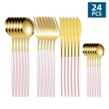 Department Store 24pcs/Set Stainless Steel Cutlery; Portuguese Cutlery Spoon; Western Cutlery Set (Gold + Pink). View a larger version of this product image.