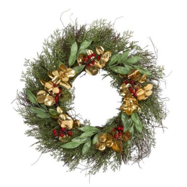 Nearly Natural 20" Cedar, Ruscus, Berries and Golden Eucalyptus Artificial Wreath. View a larger version of this product image.