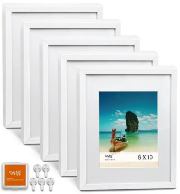 Cavepop Wood Picture Frame Set of 5 White - (8x10 w/mat; 11x14 w/o mat)