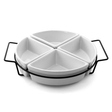 Gibson Gracious Fine Ceramic Dining Four Section Tray Set with Metal Rack in White. View a larger version of this product image.