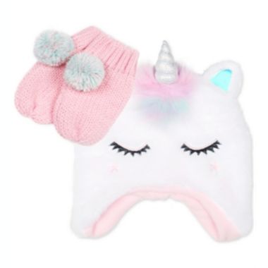 Fab Toddler Girl's 2 Pc Faux Fur Unicorn Hat & Mittens Set White One Size. View a larger version of this product image.