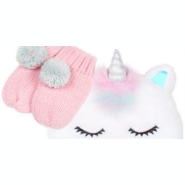 Fab Toddler Girl's 2 Pc Faux Fur Unicorn Hat & Mittens Set White One Size. View a larger version of this product image.