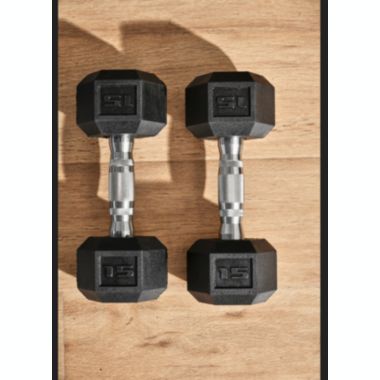 Soozier Hex Rubber Free Weight Dumbbells Set in Pair with Steel Handles 15lbs/Single Hand Weight for Strength Workout Training, Black. View a larger version of this product image.