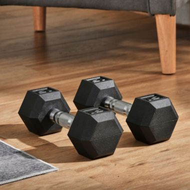 Soozier Hex Rubber Free Weight Dumbbells Set in Pair with Steel Handles 15lbs/Single Hand Weight for Strength Workout Training, Black. View a larger version of this product image.