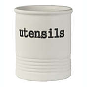 Urban Trends Collection Ceramic Round Utensil Jar with Stripe Banded Pattern and Printed Design Smooth Finish White