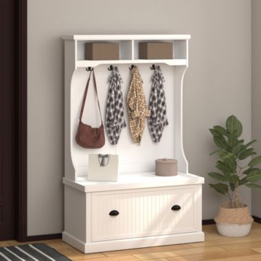 HOMCOM Hall Tree for Entryway, Coat Rack Shoe Bench with Bottom Storage, 4 Metal Double Hooks and 2 Shelves for Hallway, Living Room, White. View a larger version of this product image.