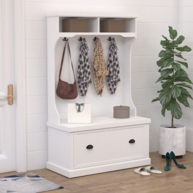 HOMCOM Hall Tree for Entryway, Coat Rack Shoe Bench with Bottom Storage, 4 Metal Double Hooks and 2 Shelves for Hallway, Living Room, White. View a larger version of this product image.