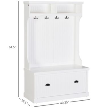 HOMCOM Hall Tree for Entryway, Coat Rack Shoe Bench with Bottom Storage, 4 Metal Double Hooks and 2 Shelves for Hallway, Living Room, White. View a larger version of this product image.
