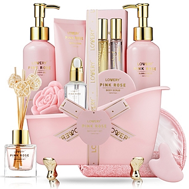 Luxury Spa Kit, 18pc Pink Rose Relaxing Basket with Perfumes, Gua Sha and More. View a larger version of this product image.