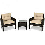 Costway 3 Pcs Outdoor Patio Rattan Conversation Set with Seat Cushions-Beige