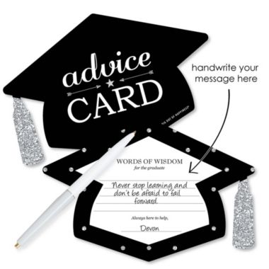 Big Dot of Happiness Silver - Tassel Worth the Hassle - Grad Cap Wish Card Graduation Party Activities - Shaped Advice Cards Games - Set of 20. View a larger version of this product image.